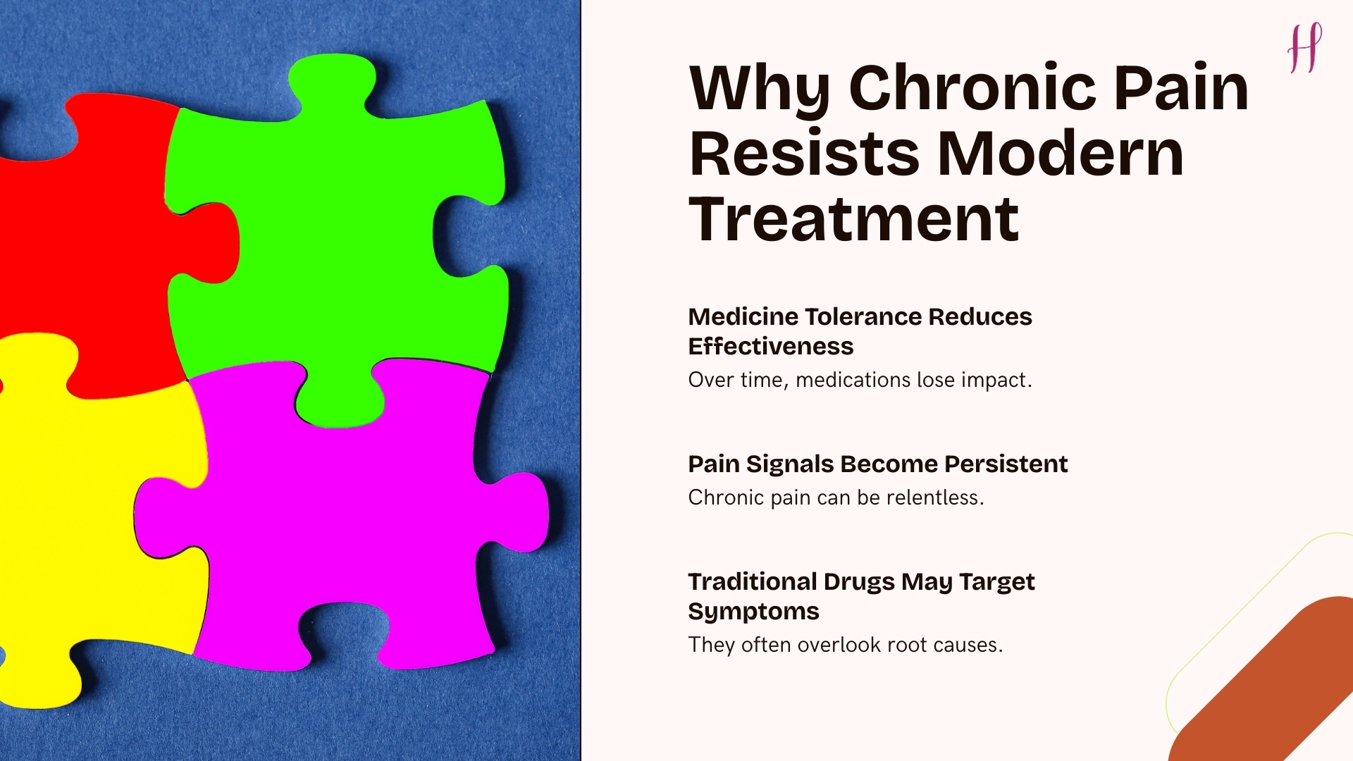 Why Chronic Pain Resists Treatment colorful jigsaw pieces and bullets on pain persistence.